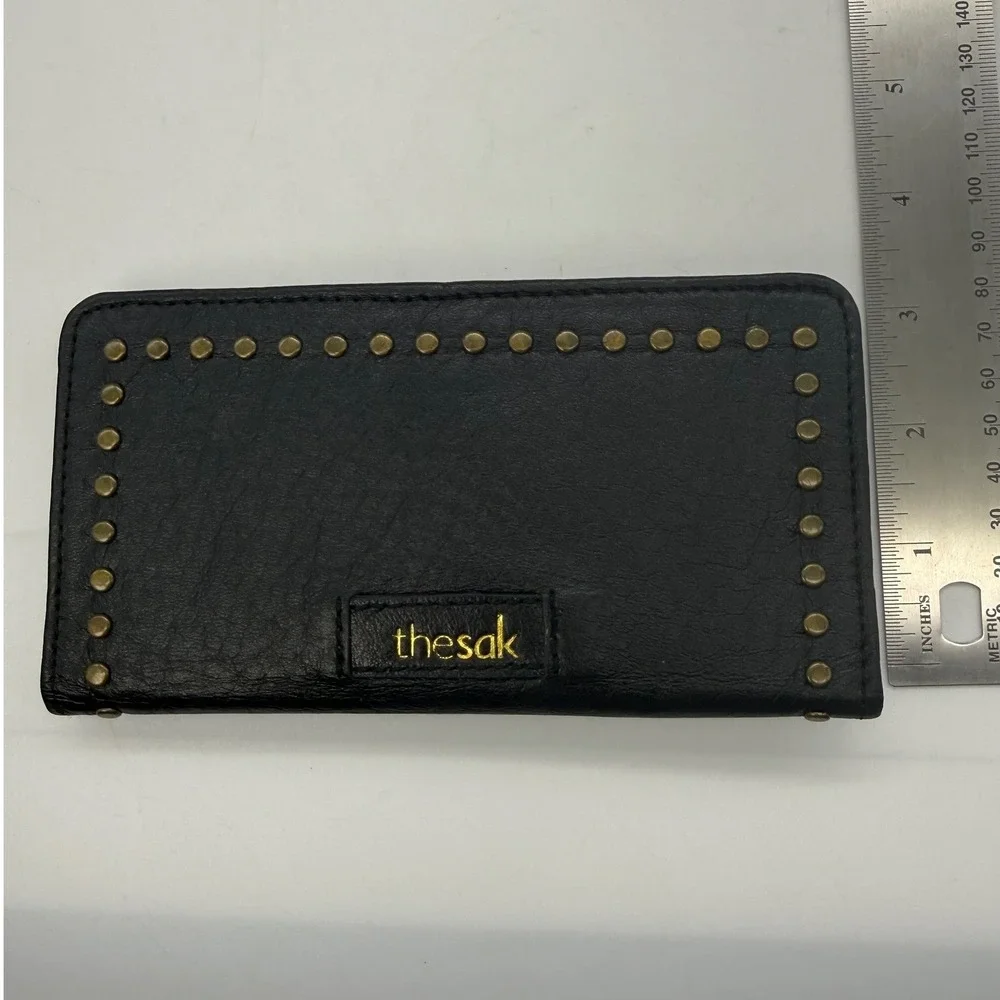 The Sak Black Leather Studded Bifold Slim Wallet Brass Accents Boho Organizer